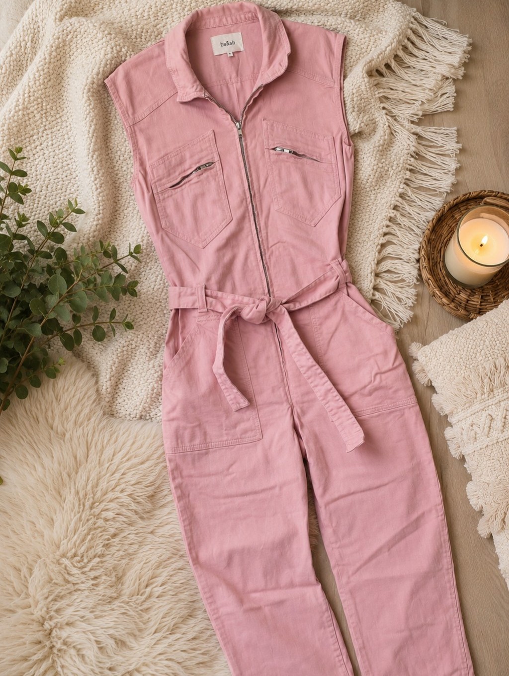 Ba&Sh Wally Sleeveless Denim Belted Zip Jumpsuit Pink Size 2/Medium Coveralls